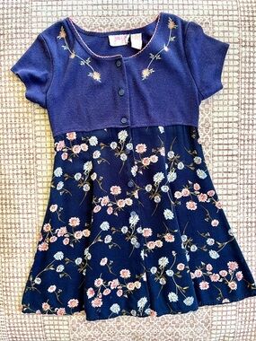 Vintage Floral Blue Button Down Dress 90’s Short Sleeve Girls Size 12
